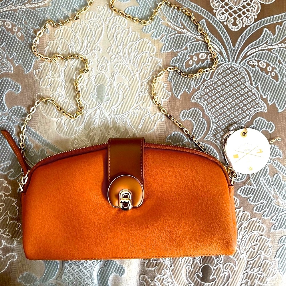 Orange Structured Leather Wristlet with Metal Clasp